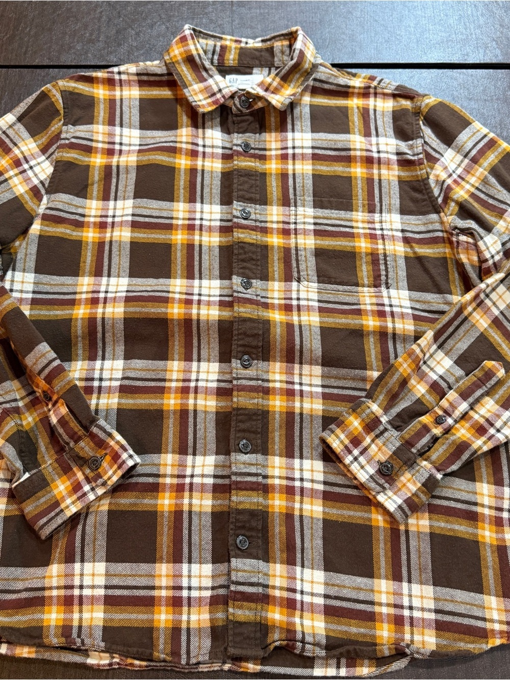 Gap Men's Plaid Brown and Yellow Standard Fit Flannel Shirt Size L